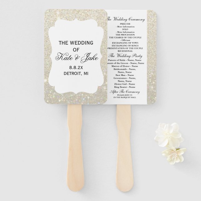 Wedding Program Fan - White Gold Glitter Elegance (Front and Back)