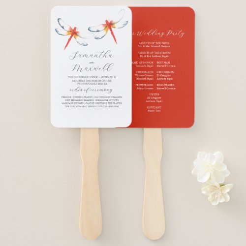 Wedding Program Fans Watercolor Red Dragonfly