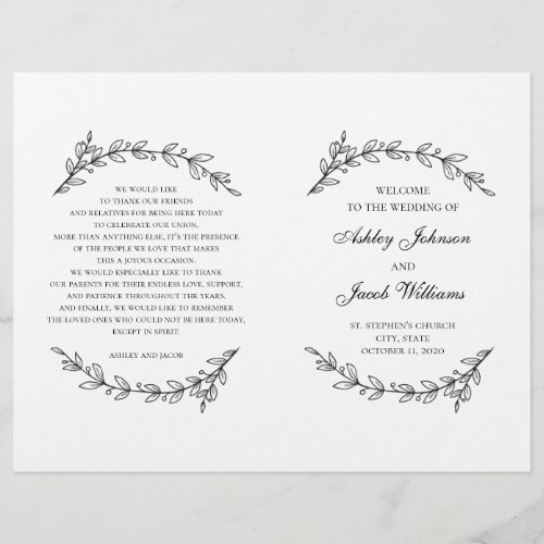 Wedding program folded Black and white botanical