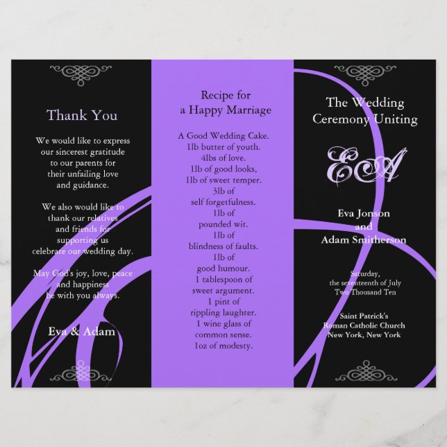 Wedding Program Folder Twirl Purple Black (Front)