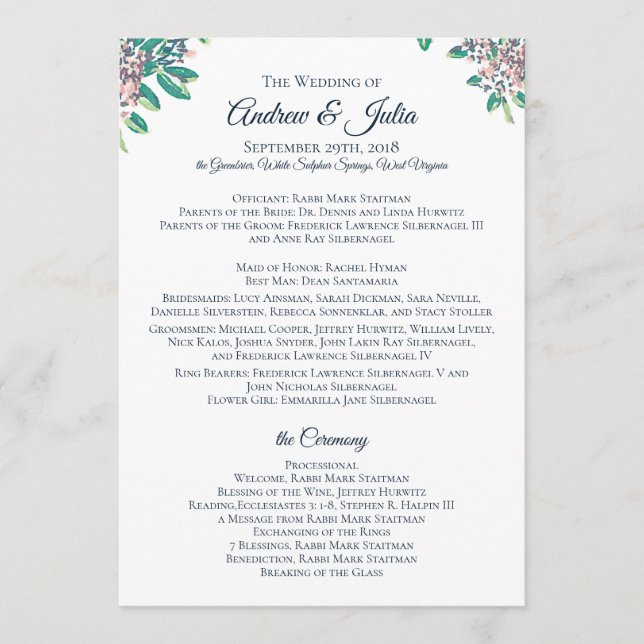 Wedding Program for Julia and Andrew (Front)