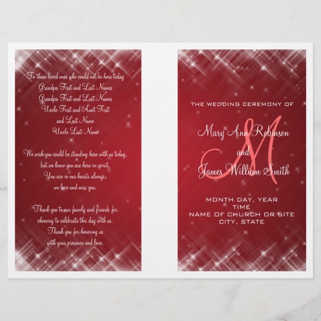 Wedding Program Glamorous Sparks  Red (Front)