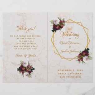 Wedding Program Gold Burgundy White Marble Peonies