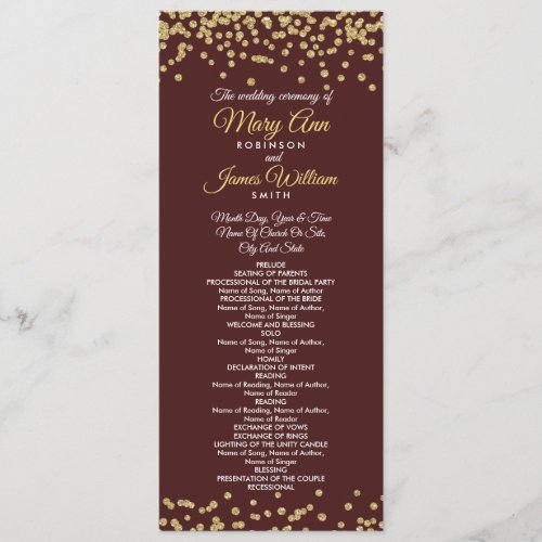 Wedding Program Gold Faux Glitter Confetti Marsala