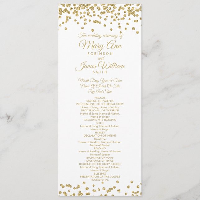 Wedding Program Gold Faux Glitter Confetti White (Front)