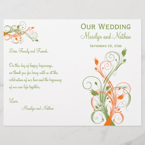 Wedding Program  Green Orange White Floral