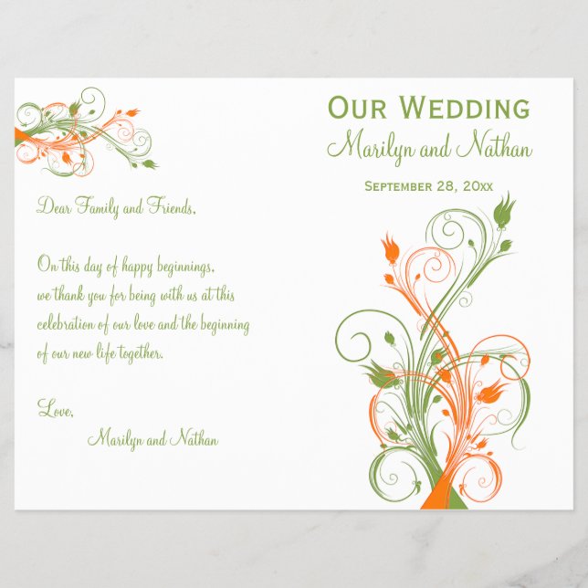 Wedding Program | Green Orange White| Floral (Front)