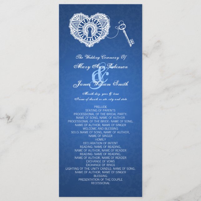 Wedding Program Key To My Heart Blue (Front)