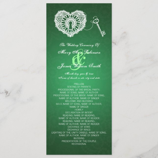 Wedding Program Key To My Heart Green (Front)