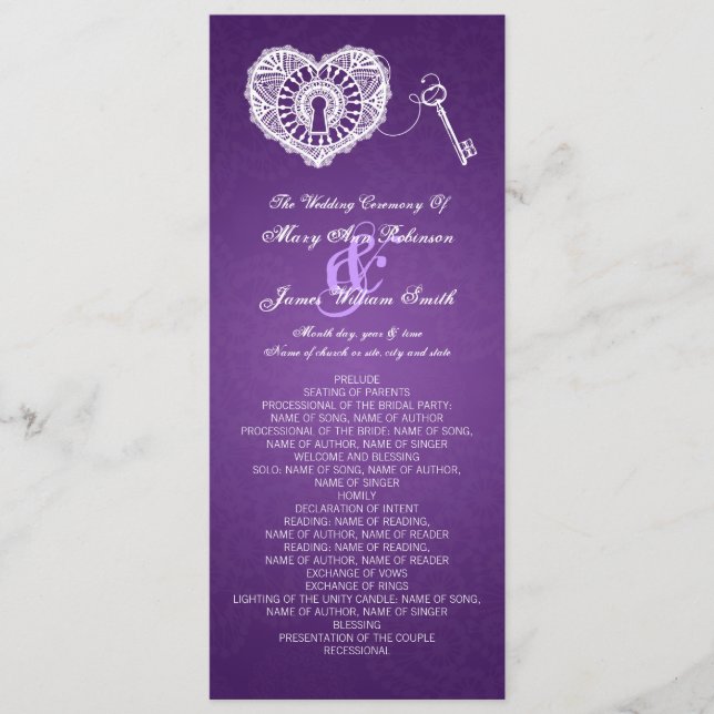 Wedding Program Key To My Heart Purple (Front)