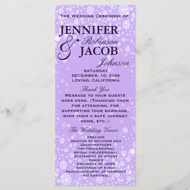 Wedding Program | Lavender Champagne Bubbles (Front)