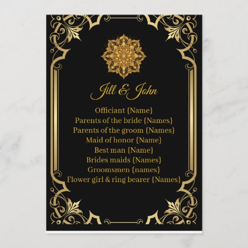 Wedding Program Luxury Black and Gold Mandala