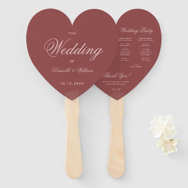 Wedding Program Marsala Heart Elegant Blush Script Hand Fan (Front and Back)