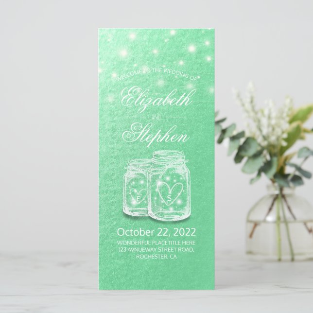 Wedding Program Mason Jars String Light Green Gold (Standing Front)