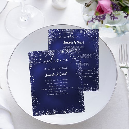 Wedding Program Menu navy blue silver glitter