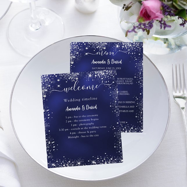 Wedding Program Menu navy blue silver glitter (Creator Uploaded)