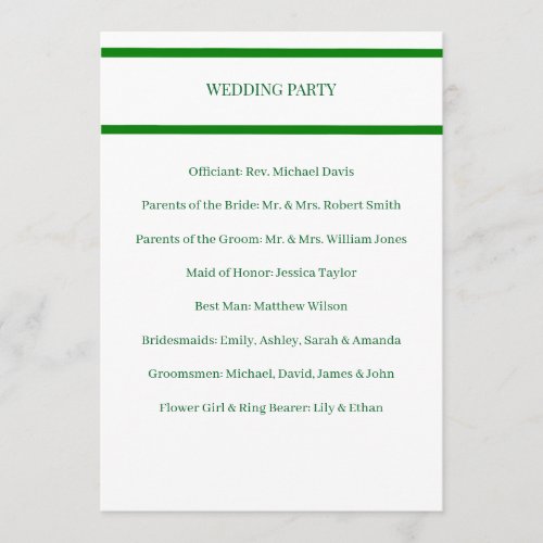 Wedding Program Minimalist Green Border Card