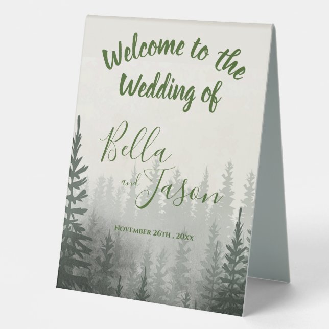 Wedding Program Misty Forest Trees Themed WEDDING Table Tent (Front)