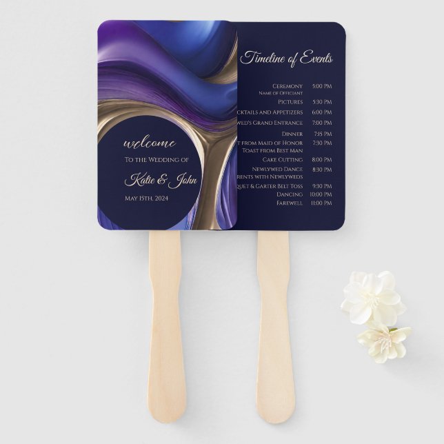 Wedding Program-Modern Abstract-Blue Purple Gold- Hand Fan (Front and Back)