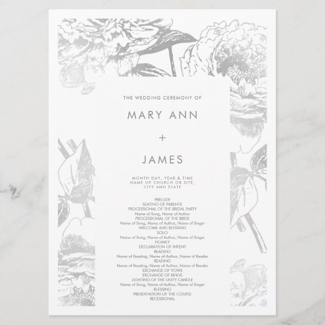 Wedding Program Modern Simple Floral Silver (Front)