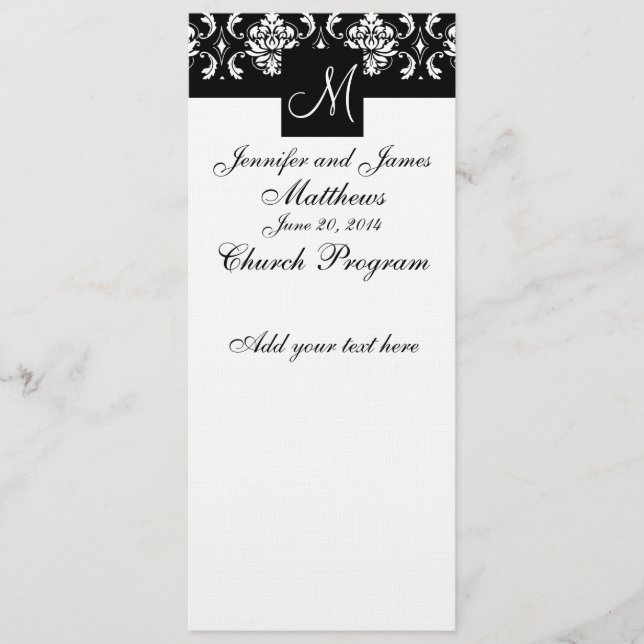Wedding Program Monogram Black White Damask (Front)