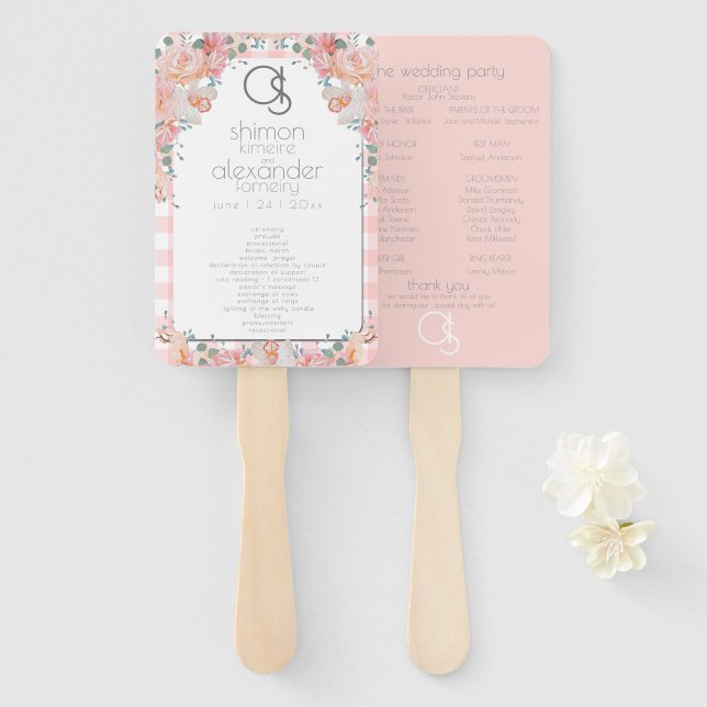 Wedding Program | Monogram Coral Gingham Floral Hand Fan (Front and Back)