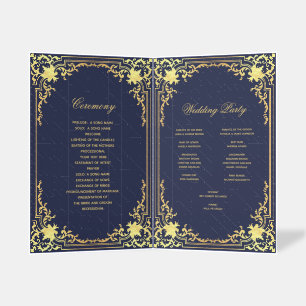Wedding Program Navy Blue Faux Gold Vintage Ornate Brochure