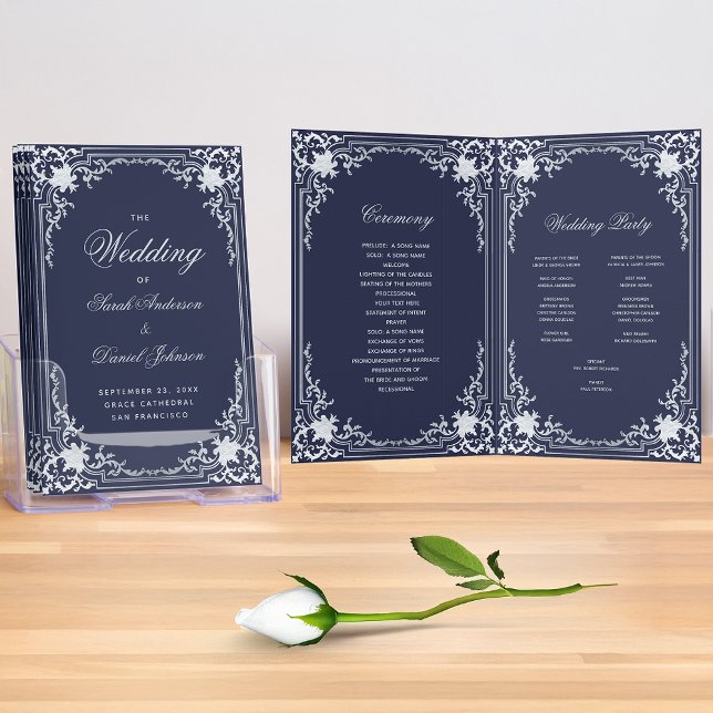 Wedding Program Navy Blue Vintage Elegant Script Brochure (Creator Uploaded)