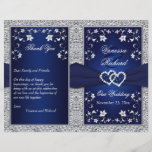 Wedding Program | Navy, Silver Floral, Hearts<br><div class="desc">This romantic and dramatic navy blue and silver gray floral wedding program has a PRINTED RIBBON, a pair of PRINTED diamond and glitter joined jewel hearts on it, with silvery grey flowers and a FAUX silver foil border. It is meant to fold down the center. If you need any help...</div>