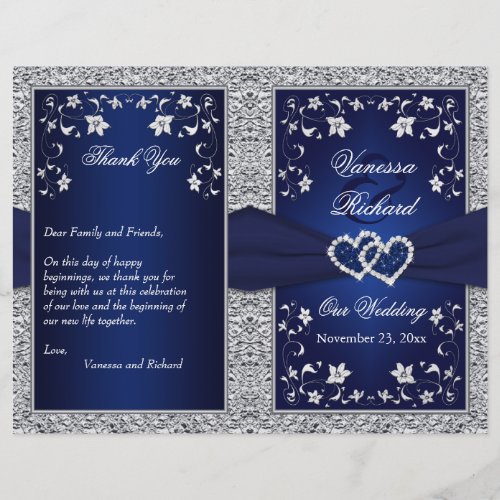 Wedding Program  Navy Silver Floral Hearts