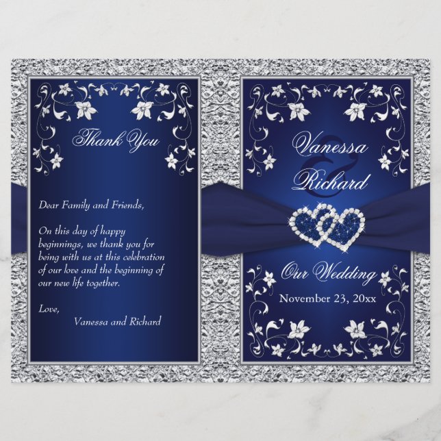 Wedding Program | Navy, Silver Floral, Hearts (Front)