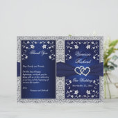 Wedding Program | Navy, Silver Floral, Hearts (Standing Front)
