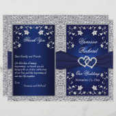 Wedding Program | Navy, Silver Floral, Hearts (Front/Back)