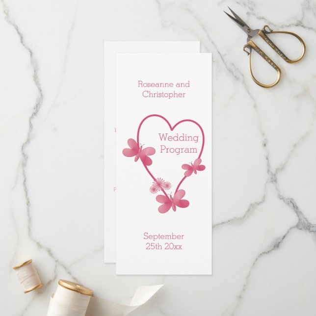 Wedding Program Pink Heart And Butterflies (Front/Back In Situ)