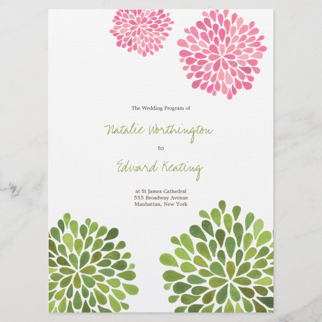 Wedding Program Pink Red Yellow Flower Blooms (Front)