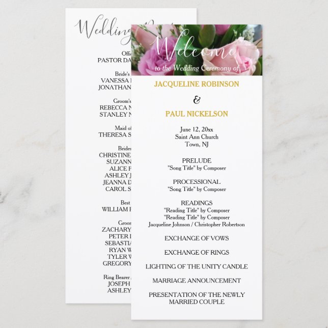 Wedding Program Pink Roses Gold NAMES (Front/Back)