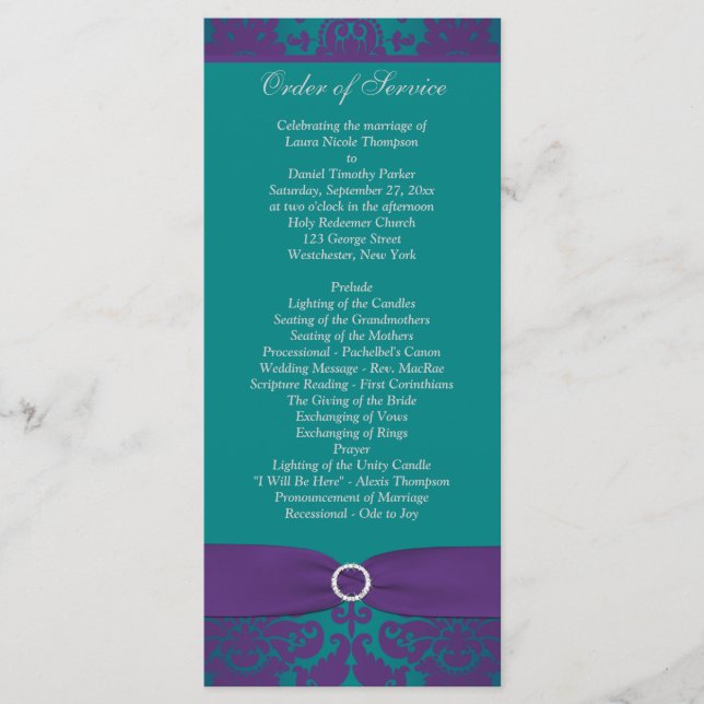 Wedding Program | PRINTED RIBBON Purple, Teal (Front)