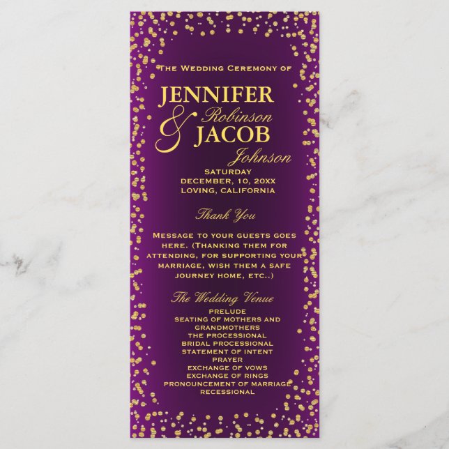 Wedding Program | Purple and Gold Confetti (Front)
