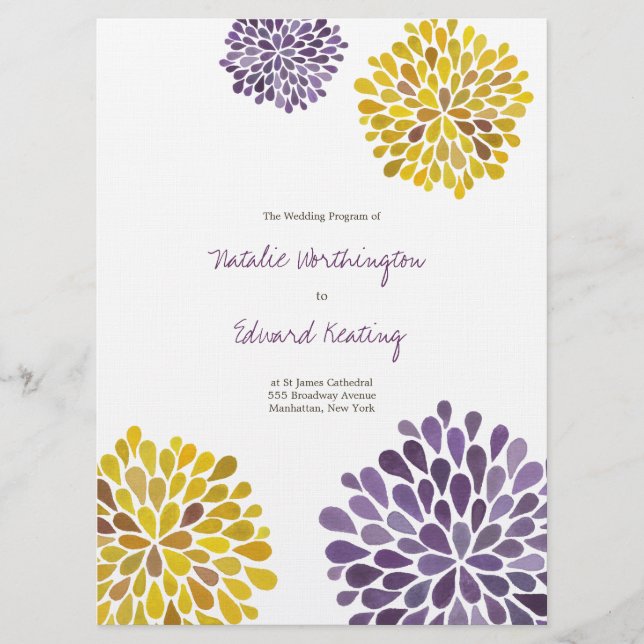 Wedding Program Purple Yellow Flower Blooms (Front)