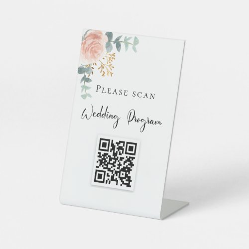 Wedding program QR code blush floral eucalyptus  Pedestal Sign