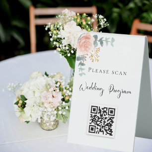Wedding program QR code blush floral eucalyptus Table Tent