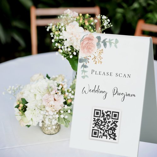 Wedding program QR code blush floral eucalyptus Table Tent Sign