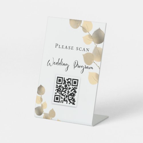 Wedding program QR code eucalyptus golden Pedestal Sign