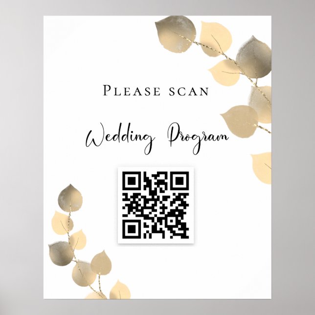 Wedding program QR code eucalyptus golden Poster (Front)