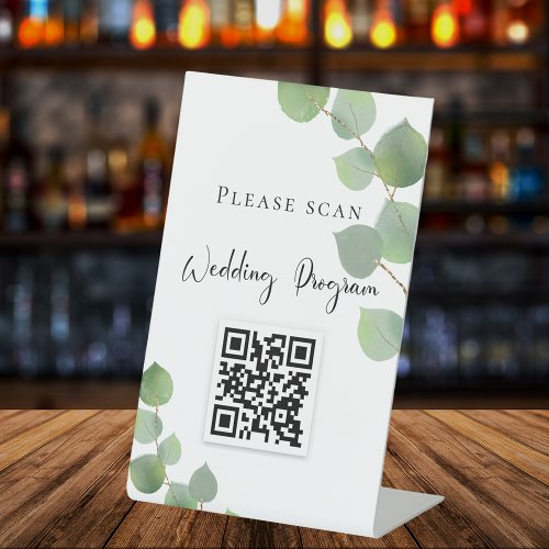 Wedding program QR code eucalyptus greenery Pedestal Sign