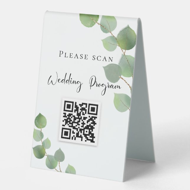 Wedding program QR code eucalyptus greenery  Table Tent (Front)