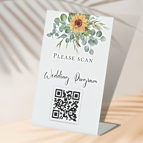 Wedding program QR code sunflowers eucalyptus Pedestal Sign