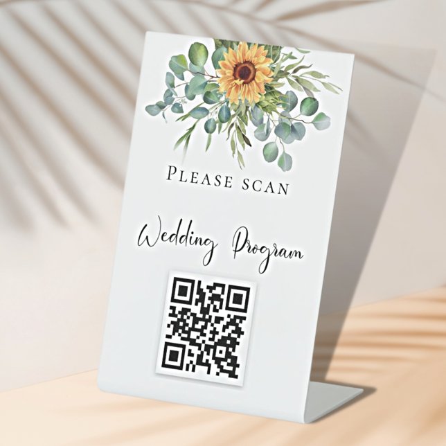 Wedding program QR code sunflowers eucalyptus Pedestal Sign (Creator Uploaded)