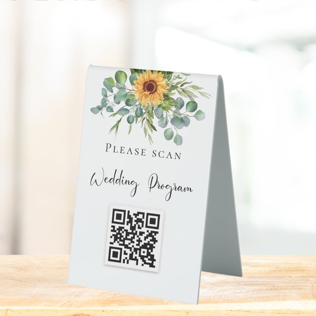 Wedding program QR code sunflowers eucalyptus Table Tent (Creator Uploaded)