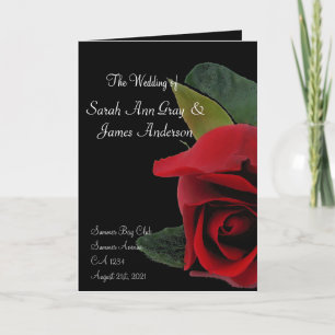 Wedding program red rose on black exotic card